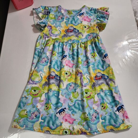 Girls Disney Boutique Monster's Inc Mike Sully Boo Blue & Green Dress Size 8-9 - Picture 9 of 11